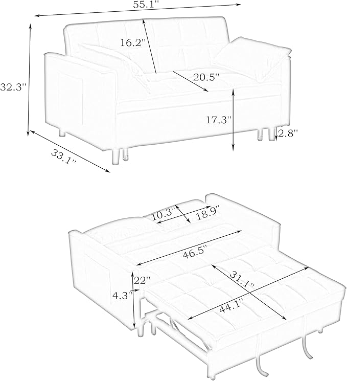 Ball & Cast 55" Convertible Sofa Bed,3 in 1 Sleeper Sofa W/Pull-Out Bed,Convertible Pull Out Couch W/2 Pillows,Adjustable Backrest & Side Pocket,Velvet Futon Couches for Living Room,Apartment,Green