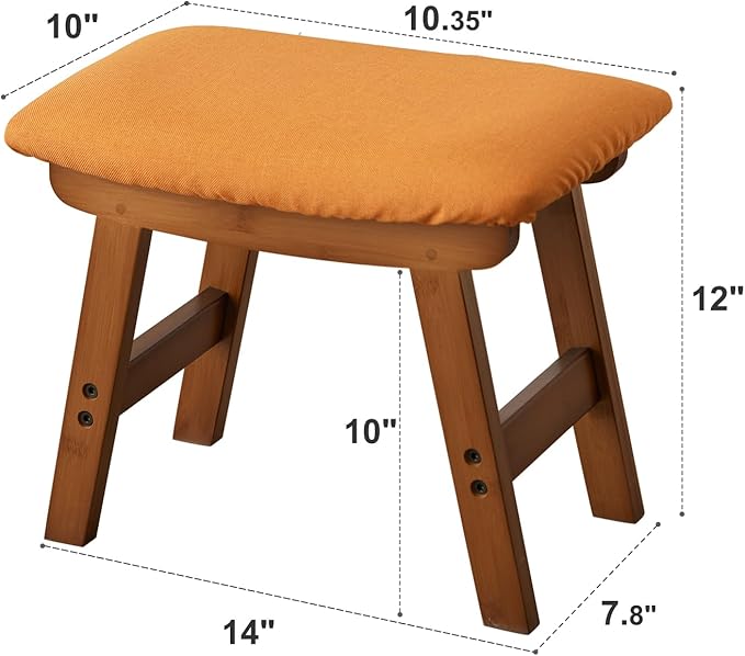 Foot Stool,Ottoman,Bamboo Small Sofa Foot Rest Under Desk,Extra Seating for Living Room, Bedroom and Kitchen(Brown Stool Legs - Orange Surface)