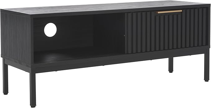 SAFAVIEH Lylia TV Stand for up to 55" Flatscreen – Black with Black Legs & Gold Handle, 1 Sliding Door, 1 Open Shelf, Entertainment Media Console (MED9617B)
