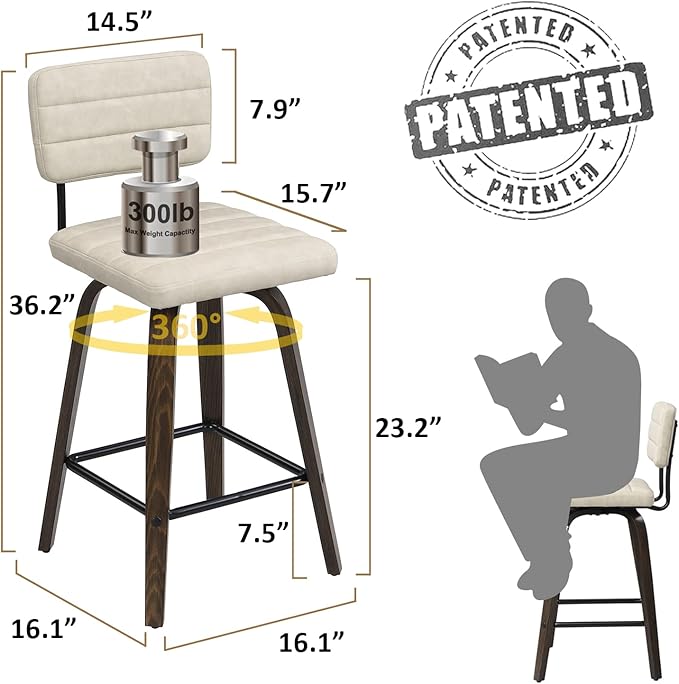 Swivel Bar Stools Set of 2, Counter Height, Wooden Frame, PU Leather Cushions, Beige
