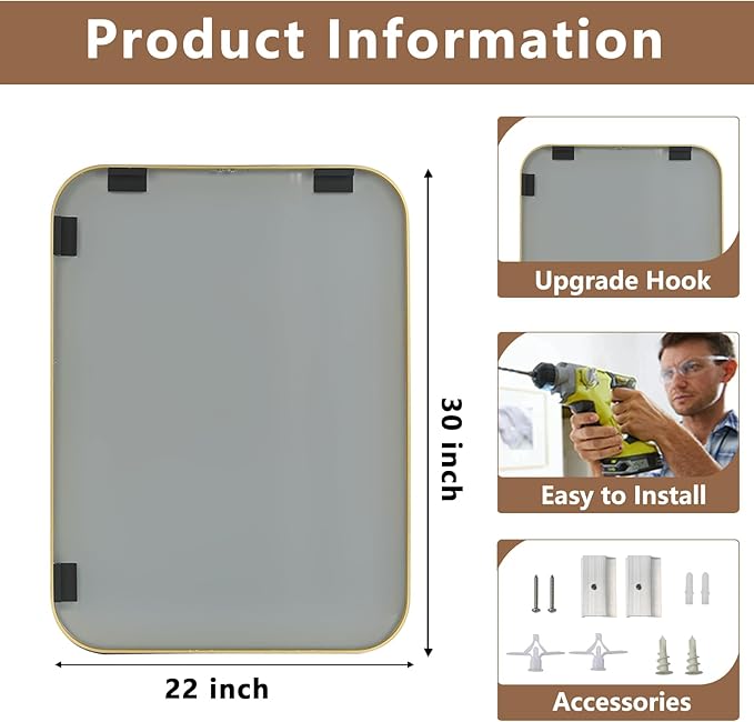 Brushed Gold Mirror, 22"x30" Rectangle Bathroom Mirror, Metal Frame Rectangle Corner Vanity Mirror, Wall Mounted Mirror for Modern, Living Room, Bedroom, Horizontal Or Vertical