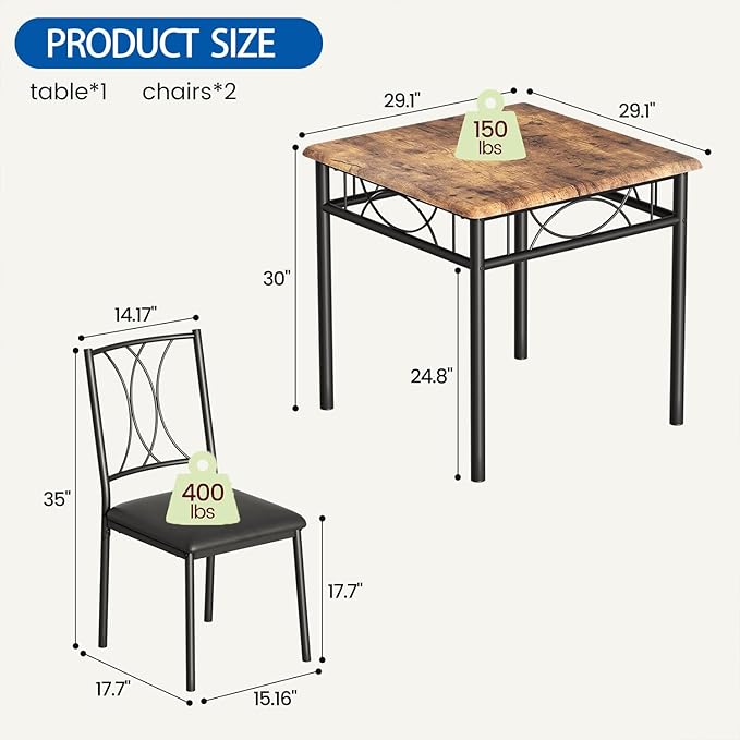 GarveeHome Small Dining Table Set for 2, Square Table and Chairs Set of 2, 3 Piece Kitchen Table Set of 2 with Upholstered Chairs, Dinner Table Set for 2 for Small Spaces, Apartment, Rustic Brown