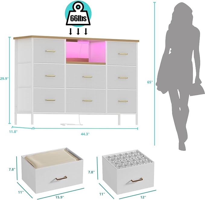 White Dresser with LED Lights and Power Outlets, Dresser TV Stand with 8 Drawers for 55" TV, Fabric Chest of Drawers for Bedroom, Living Room, Entryway