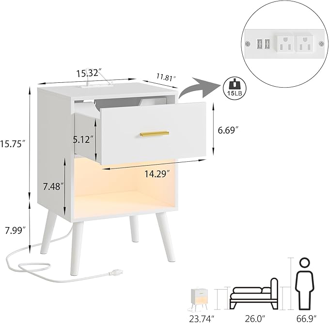 Nightstand with Charging Station and LED Lights, Small Side Table, Bedside Table with Drawer, Modern Night Stand, End Table for Bedroom, Living Room (White)