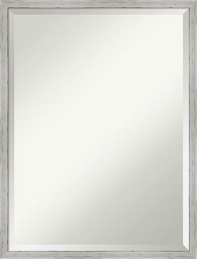 Amanti Art White Bathroom Mirror for Over Sink, 25x19 Shiplap White Narrow Rectangle Vanity Mirror, Medium Coastal Wood Frame, Hangs Horizonally and Vertically, Bathroom Wall Decor, Beveled Edge