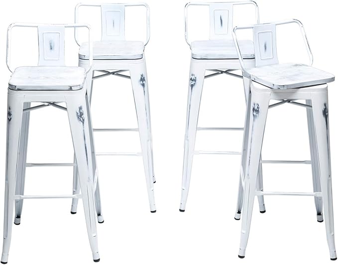 26 Inch Swivel Bar Stools Set of 4 with Backs Counter Height Industrial Metal Barstools Island Bar Chairs for Home Kitchen Dining Room (Swivel 26 inch, Distressed White Wooden)