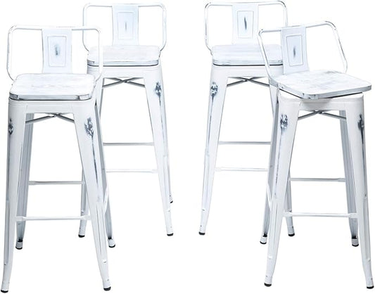26 Inch Swivel Bar Stools Set of 4 with Backs Counter Height Industrial Metal Barstools Island Bar Chairs for Home Kitchen Dining Room (Swivel 26 inch, Distressed White Wooden)