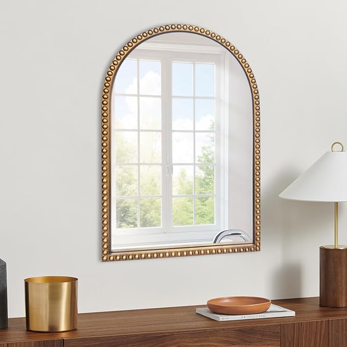 Traditional Arch Mirror for Bathroom, 20" x30" Baroque Antique Gold Marlowe Mirrors Beaded Frame, Decorative Accent Vertical Vanity, Wall Decor Over Mantel Fireplace, Sofa, Entryway