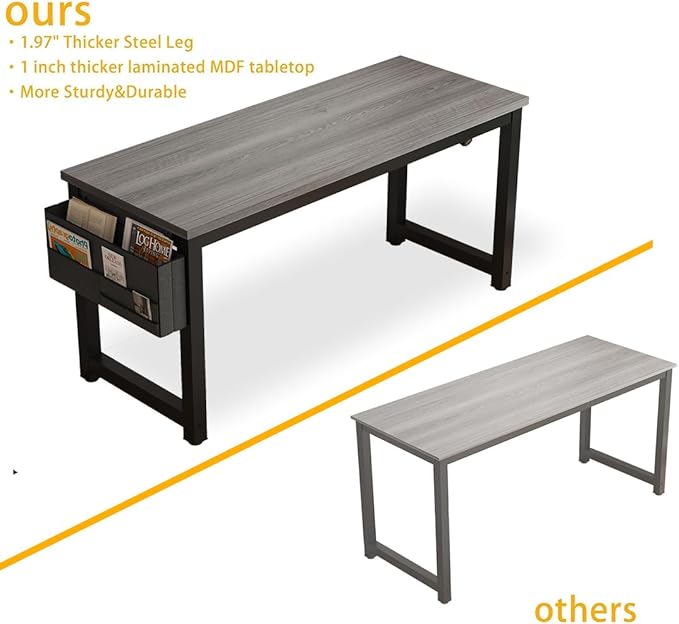 Large Computer Desk - 63 Inch Home Office Desks Study Student Writing Table Gaming Desk Wood Modern Simple Table with Storage Bag & Headphone Hooks, Grey