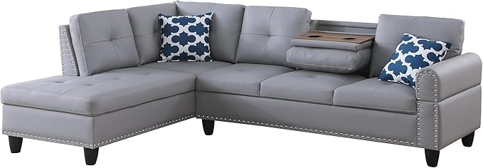 Ball & Cast 98" L Shaped Sectional Couch for Living Room,4 Seat Faux Leather Upholstered Modular Sectional Sofa Set 2 PCS with Chaise,Nailhead Trim,Cup Holders,Coffee Table and 2 Pillows for Home,Gray