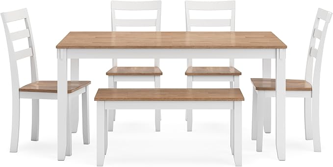 Signature Design by Ashley Gesthaven Modern Dining Table with 4 Chairs and Bench, Set of 6, White & Light Brown