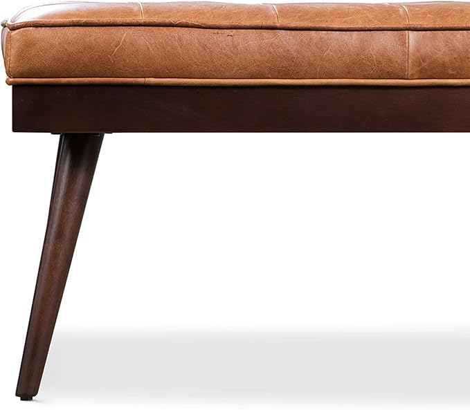 POLY & BARK 55" Tufted Leather Bed Bench for Bedroom End of Bed - Living Room Entry Way Bench - Pure Italian Leather Upholstery with a Solid Wood Frame - Ottoman Bench with Wooden Legs - Cognac Tan