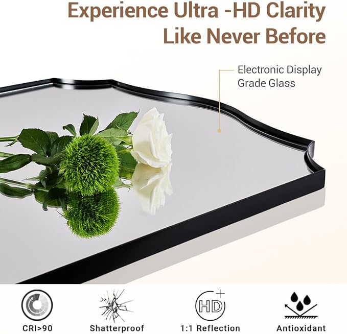 ANDY STAR Matte Black Mirror, 24x36 Inch Scalloped Bathroom Mirror, Unique Wavy Rectangle Mirror in Stainless Steel Metal 1” Frame, Wall Mount Vertical or Horizontal