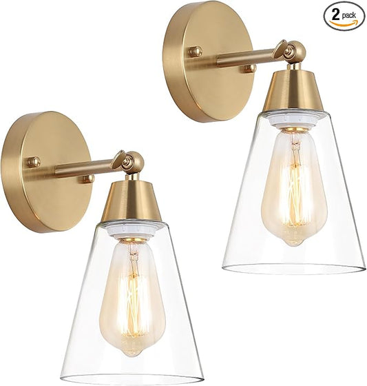 MWZ Gold Wall Sconce Set of 2,Modern Brushed Brass Sconces Lighting with Clear Glass Shade,Bathroom Light Fixtures Over Mirror,Vanity Lights Over Sink,Indoor Wall Mount Adjustable Angle Lamp