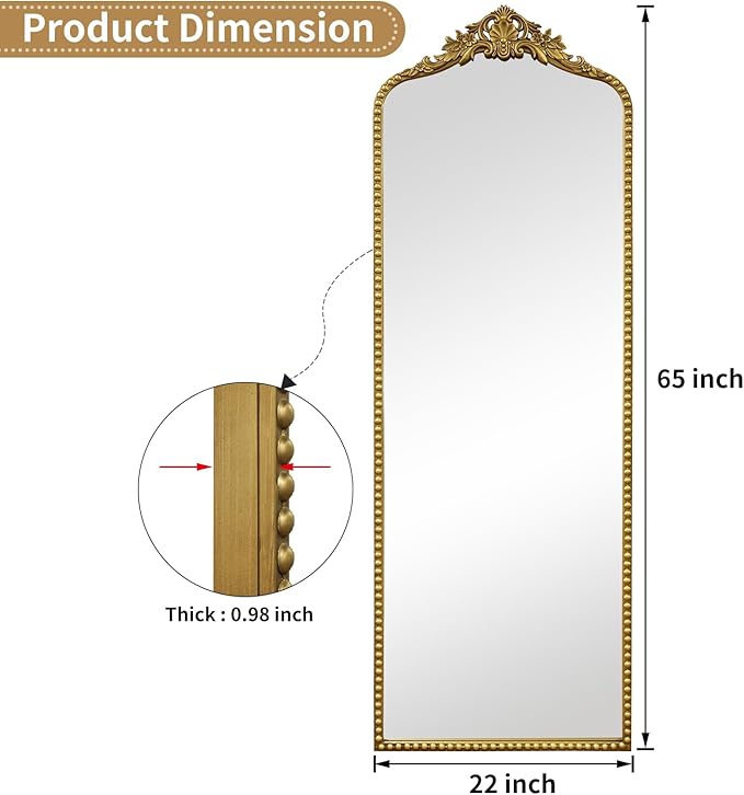 G-LEAF Vintage Baroque Full Length Floor Mirror 22"X65", Victorian Antique Mirror with Brush Gold Ornate Metal Frame for Fireplace Entryway Living Room Hallway Bathroom
