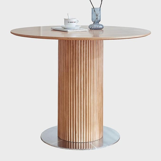 Round Wood Dining Table，Wooden Trestle Pedestal Base on Stainless Steel Plate，Small Space Kitchen Table，34.25" Modern Circular Tabletop for Kitchen, Dining Room, Restaurant，Cafe (Natural)