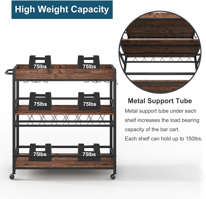 BON AUGURE Bar Cart for The Home, Rolling Home Bar Serving Cart on Wheels, 3 Tier Liquor Beverage Carts with Wine Rack and Glass Holder (Rustic Oak)