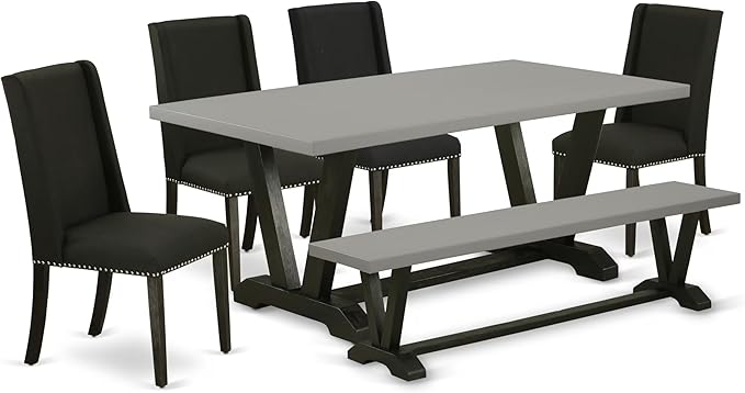 East West Furniture V697FL624-6 6 Piece Dining Table Set Contains a Rectangle Dining Room Table with V-Legs and 4 Black Linen Fabric Parson Chairs with a Bench, 40x72 Inch, Multi-Color