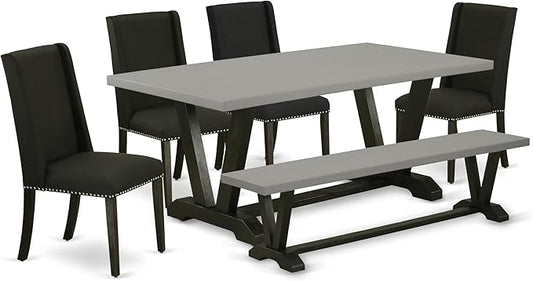 East West Furniture V697FL624-6 6 Piece Dining Table Set Contains a Rectangle Dining Room Table with V-Legs and 4 Black Linen Fabric Parson Chairs with a Bench, 40x72 Inch, Multi-Color