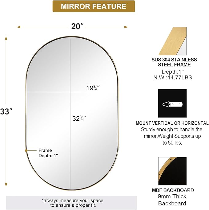 ANDY STAR Oval Bathroom Mirror, 20x33’’Oval Gold Mirror Stainless Steel Metal Frame Mirror for Bathroom, Entryway, Living Room, Contemporary 1" Deep Set Design Wall Mount Hangs Vertical or Horizontal