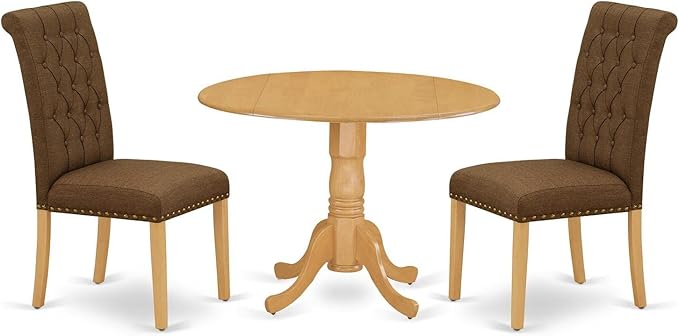 East West Furniture DLBR3-OAK-18 3 Piece Kitchen Table & Chairs Set Contains a Round Dining Table with Dropleaf and 2 Brown Linen Linen Fabric Upholstered Chairs, 42x42 Inch, Oak