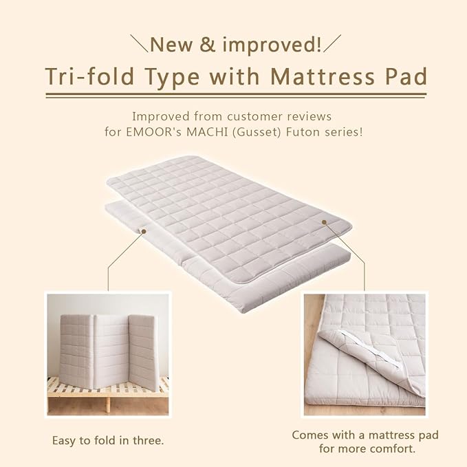EMOOR Japanese Tri-fold Futon Mattress Machi with Mattress Pad King Gray, Gusset Foldable Storable Washable Floor Sleeping Guest Bed Tatami Mat