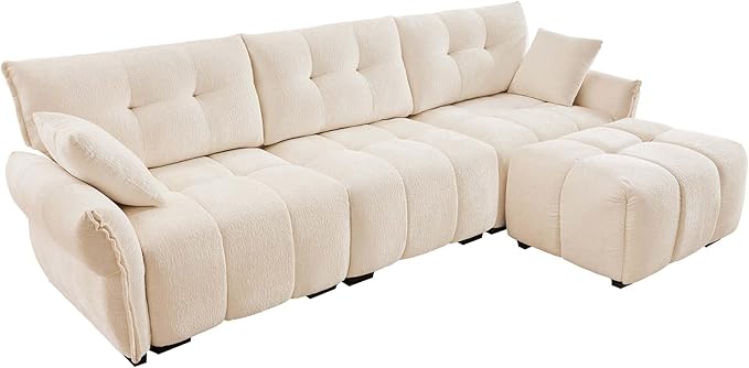 Modern Chenille Fabric 3-Seat Sofa w/Ottoman+2 Pillows, Premium Upholstery Living Room Couch with Tufted Backrest & Comfortable Armrests and High-Resilience Memory Foam Cushions,White