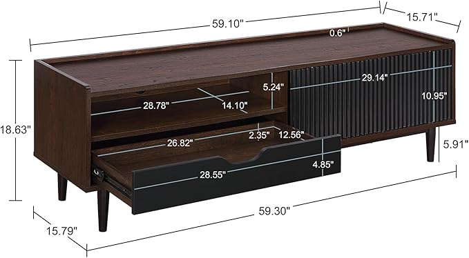 Manhattan Comfort Duane Modern Ribbed 55 Inch TV Stand with 1 Drawer, 2 Shelves, Sliding Door, and Wire Management, Mid-Century Style Entertainment Center and Media Console for Living Room, Black