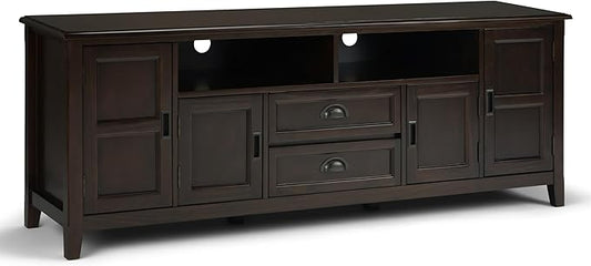 SIMPLIHOME Burlington SOLID WOOD 72 inch Wide Transitional TV Media Stand in Mahogany Brown For TVs up to 80 inches for the Living Room and Entertainment Center