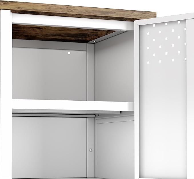 Manhattan Comfort Landen 47" Modern Metal TV Stand with Storage Cabinets & Open Shelves, Holds Up to 40" Screen, TV Console with Natural Wood Top, Cable Management, Adjustable Legs, White