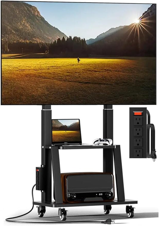 Mobile TV Cart with Power Outlet, Rolling TV Stand on Wheels for 32 to 65 70 75 83 inch TV, Height Adjustable,Holds up to 130LBS, Vesa 600×400mm.