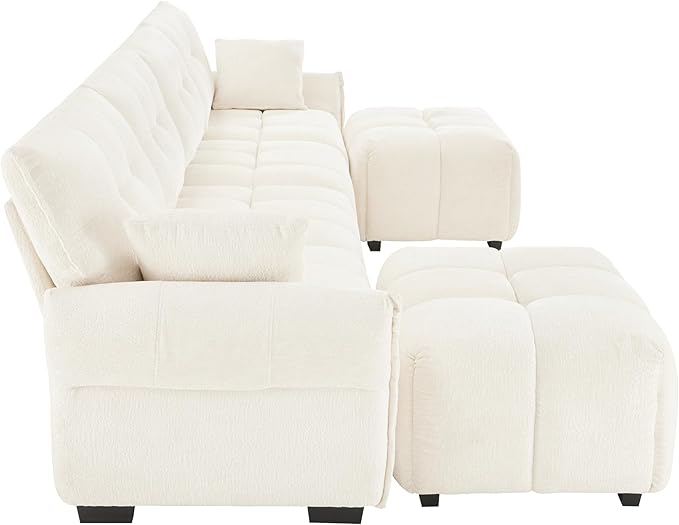 Modern Chenille Fabric 4-Seat Sofa w/Two Ottoman+2 Pillows, Premium Upholstery Living Room Couch with Tufted Backrest & Comfortable Armrests and High-Resilience Memory Foam Cushions,White