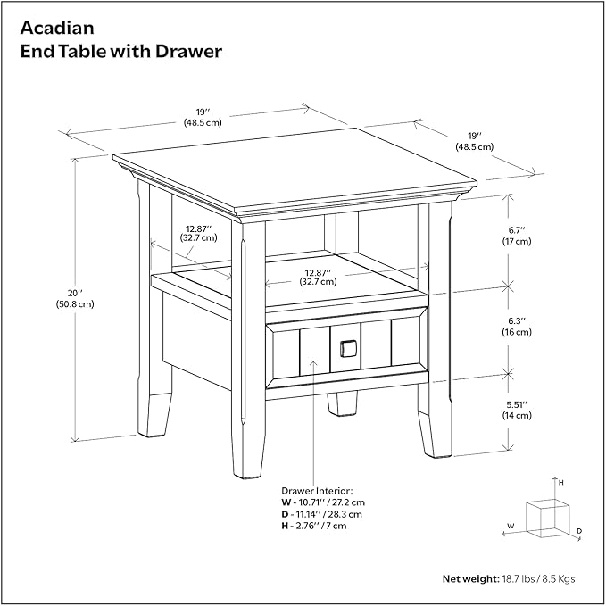 SIMPLIHOME Acadian 19-inch Wide Solid Wood End Table with Drawer and Open Shelf in Black for Living Room, Bedroom, or Entryway