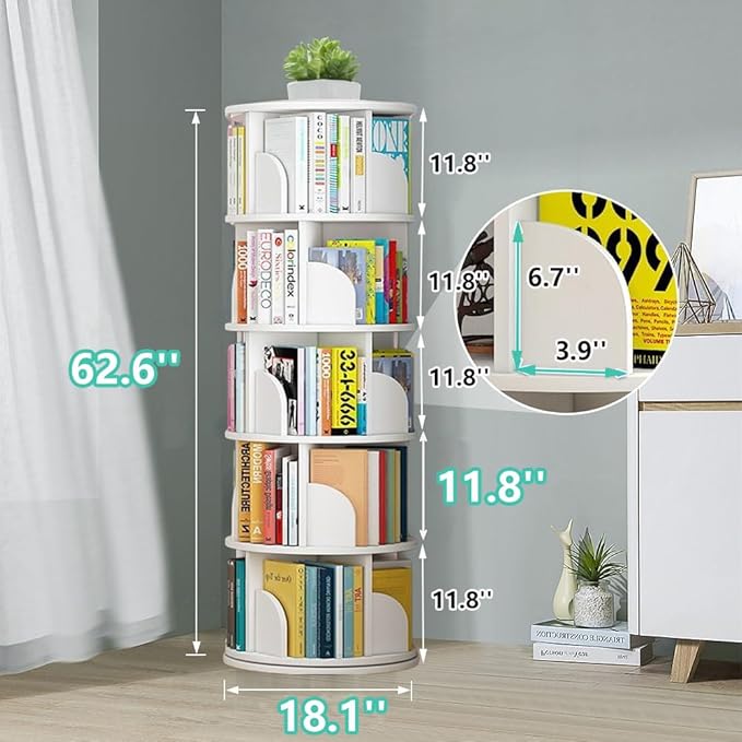 jxgzyy 5 Tier Rotating Bookshelf 62.6x18.1x18.1 Inch Corner Book Shelf 360° Display Spinning Bookcase Space-Saving for Bedroom, Living Room, Study, White
