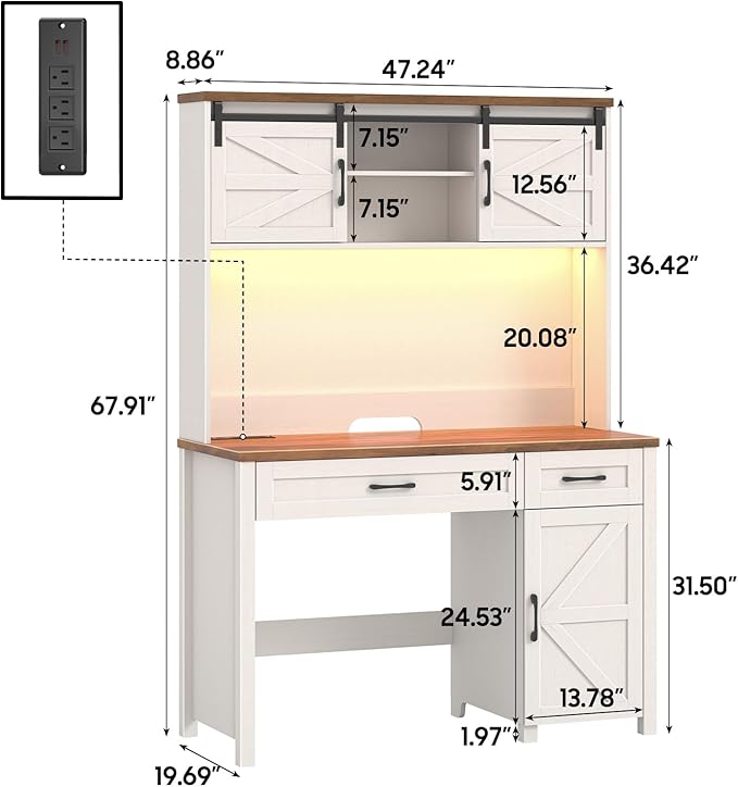 Farmhouse 47" Executive Desk, Computer Desk with 2 Drawers, LED Light and Storage Cabinet, Home Office Desk with Hutch, Charging Hub, Workstation for Home Office and Study.Unique White