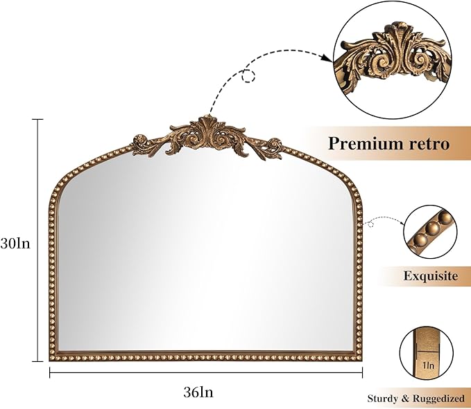 ironsmithn Gold Arched Mirror, 30"x36" Ornate Beaded Frame Mirrors, Metal Decorative Accent Mirror for Fireplace Bedroom Bathroom Living Room Entryway