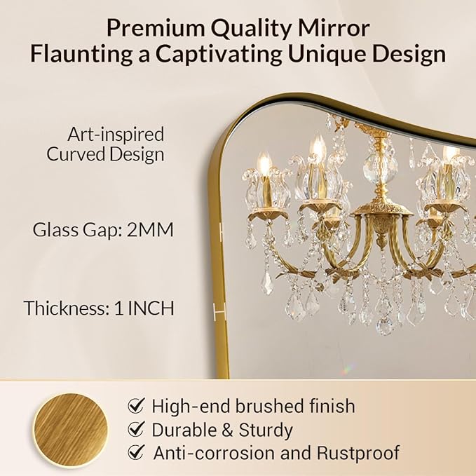 Gold Mirror for Bathroom, Asymmetrical Mirrors for Wall, Vintage Vanity Mirror, Irregular Mirror in Stainless Steel, 22 x 30 Antique Brass Wavy Mirrors Wall Mounted Vertically Only