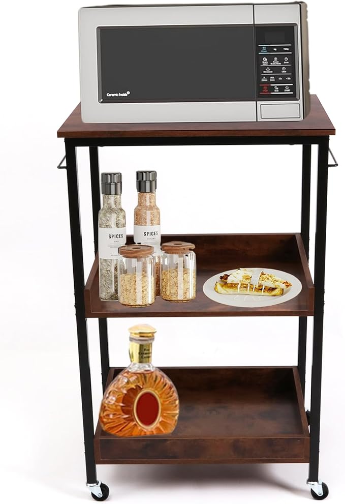 3-Tier Rolling Utility Cart with Table Top- Wooden Utility Cart wit Wheels- Kitchen Storage Microwave Table Stand, Mesh Shelves, for Living and Kitchen Room Office (Brown)