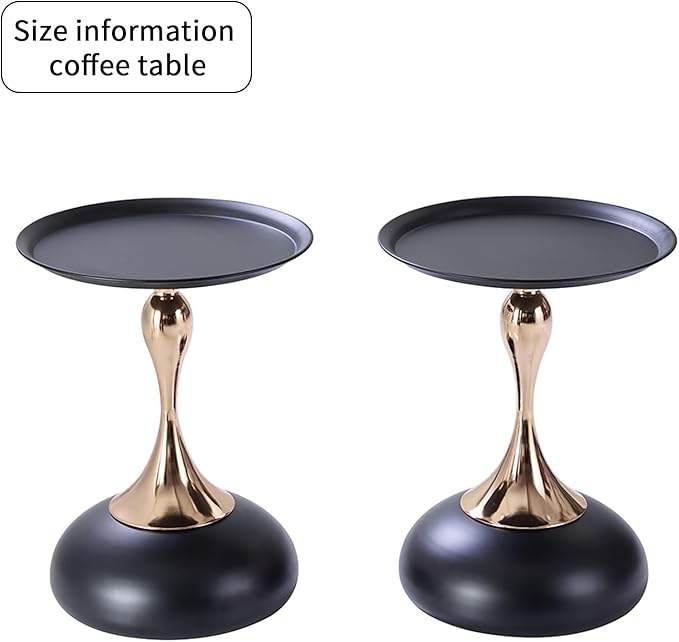 Modern Round Side Table with Gold Pedestal Base, Black Metal Top, Accent End Table for Living Room (Black+Black)