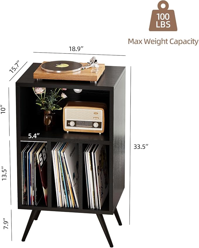 Record Player Stand,Vinyl Record Storage Cabinet with Vinyl Storage Holds Up to 200 Albums for Bedroom Living Room Playroom,Black