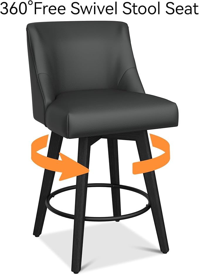 Counter Height Bar Stool, Modern Swivel Barstools with Back and Wood Leg, Faux Leather Upholstered Counter Height Stool, 26" H Kitchen Counter Stool, Kitchen Island Home Bar, Black Grey