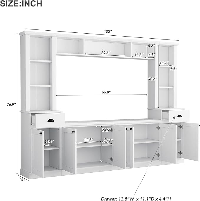 Merax Modern TV Stand Set w/Adjustable Bridge, Storage Media Console & Wall Units - Minimalist Entertainment Center for Living Room, White