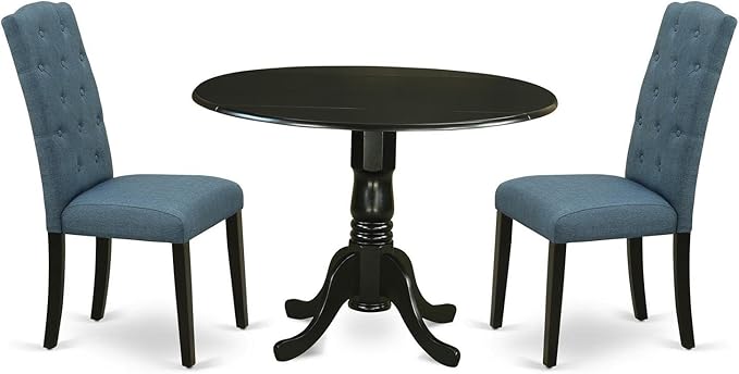 East West Furniture DLCE3-BLK-21 3 Piece Dining Table Set Contains a Round Dining Room Table with Dropleaf and 2 Mineral Blue Linen Fabric Upholstered Chairs, 42x42 Inch, Black