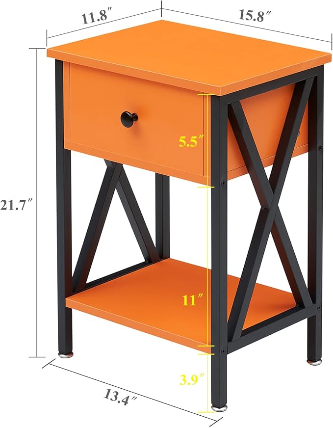 VECELO Nightstands Set of 2, Modern Bedside End Tables, Night Stands with Drawer and Storage Shelf for Living Room Bedroom, Industrial Metal Frame