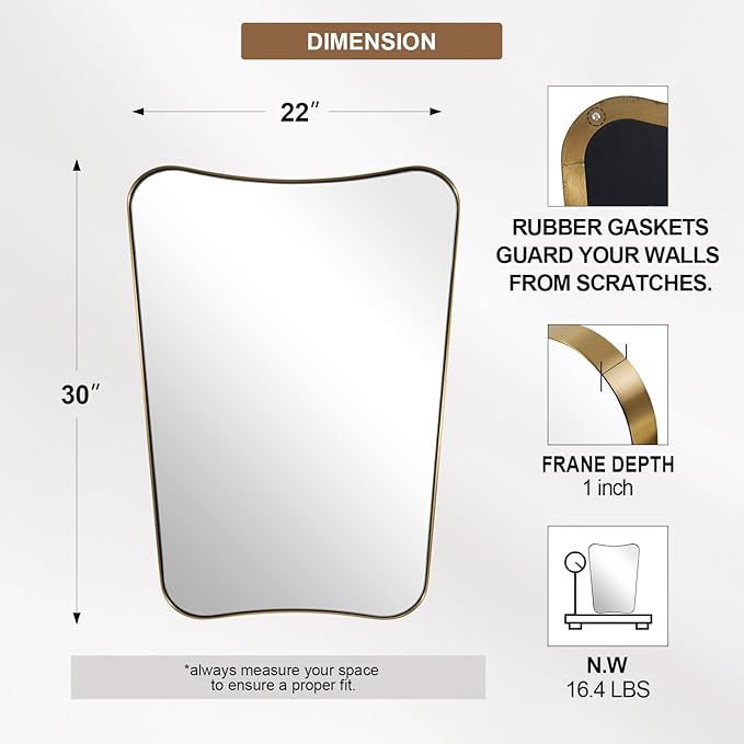 ANDY STAR Gold Vanity Mirror, 22x30 Inch Brushed Gold Bathroom Mirror, Antique Brass Asymmetrical Mirror in Rust-Proof Stainless Steel Metal Frame, Unique Butterfly Shape, Ideal for Home Remodel