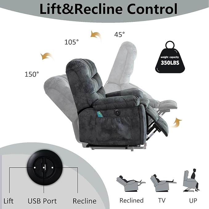 Phoenix Home Large Power Lift Recliner with Massage and Heat for Elderly, Heavy Duty & Safety Motion Reclining Mechanism, Ergonomic Electric Wider Chair with USB Port, 2 Hidden Cup Holders, Gray Green