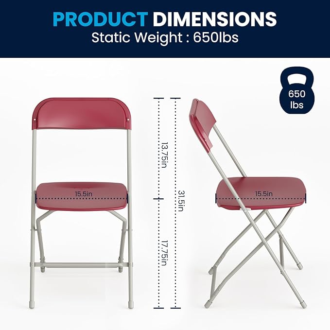 Flash Furniture Hercules Series Plastic Folding Chair - Red - 6 Pack 650LB Weight Capacity Comfortable Event Chair-Lightweight Folding Chair