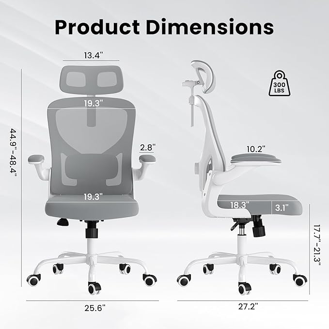 Ergonomic Office Chair, Comfy Home Office Chair High Back Computer Chair with Headrest, Adjustable Back Support, Flip-Up Arms, 90-120° Tilt and Wide Cushion, Up to 300lbs, Grey+White
