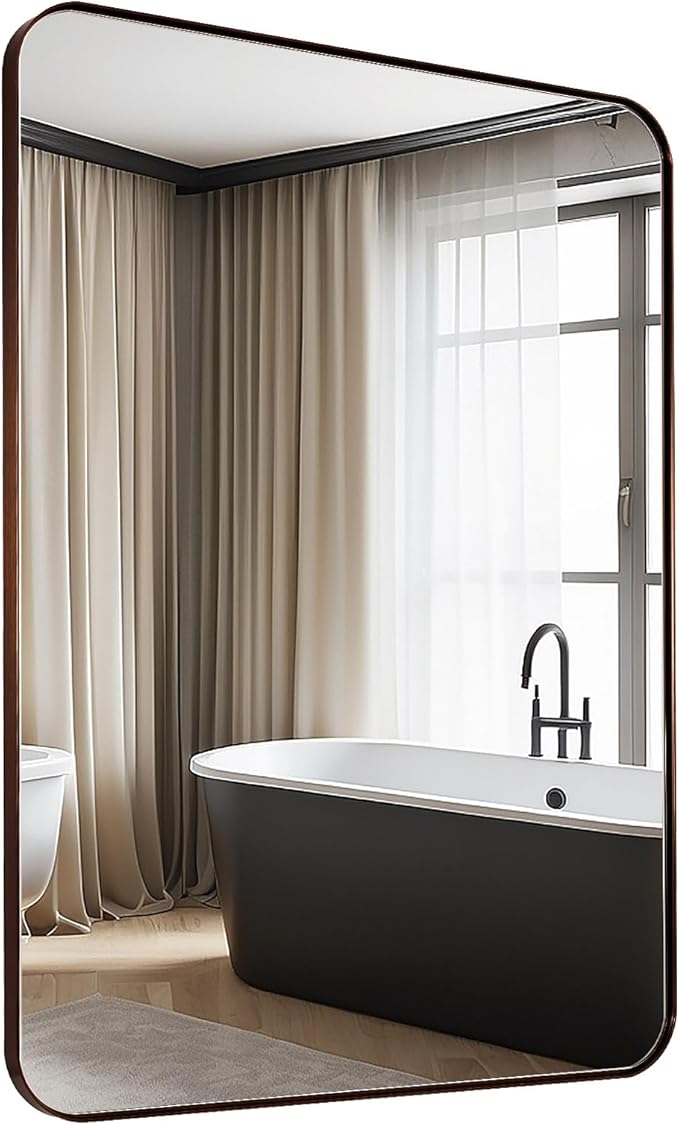 24x36 Inch Brushed Bronze Bathroom Mirror for Wall, Metal Framed Rectangle Mirror with Rounded Corner, Bathroom Vanity Mirror in Aluminum Alloy, Hangs Horizontally or Vertically