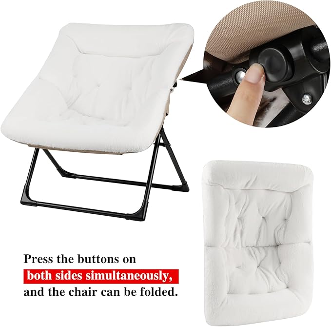 Comfy Saucer Chair for Adults, Soft Faux Fur Bedroom Chair, Accent Dorm Chairs, Flexible Living Room Reading Chairs, Oversized Folding Lounge Seat for Teens, X-Large, White